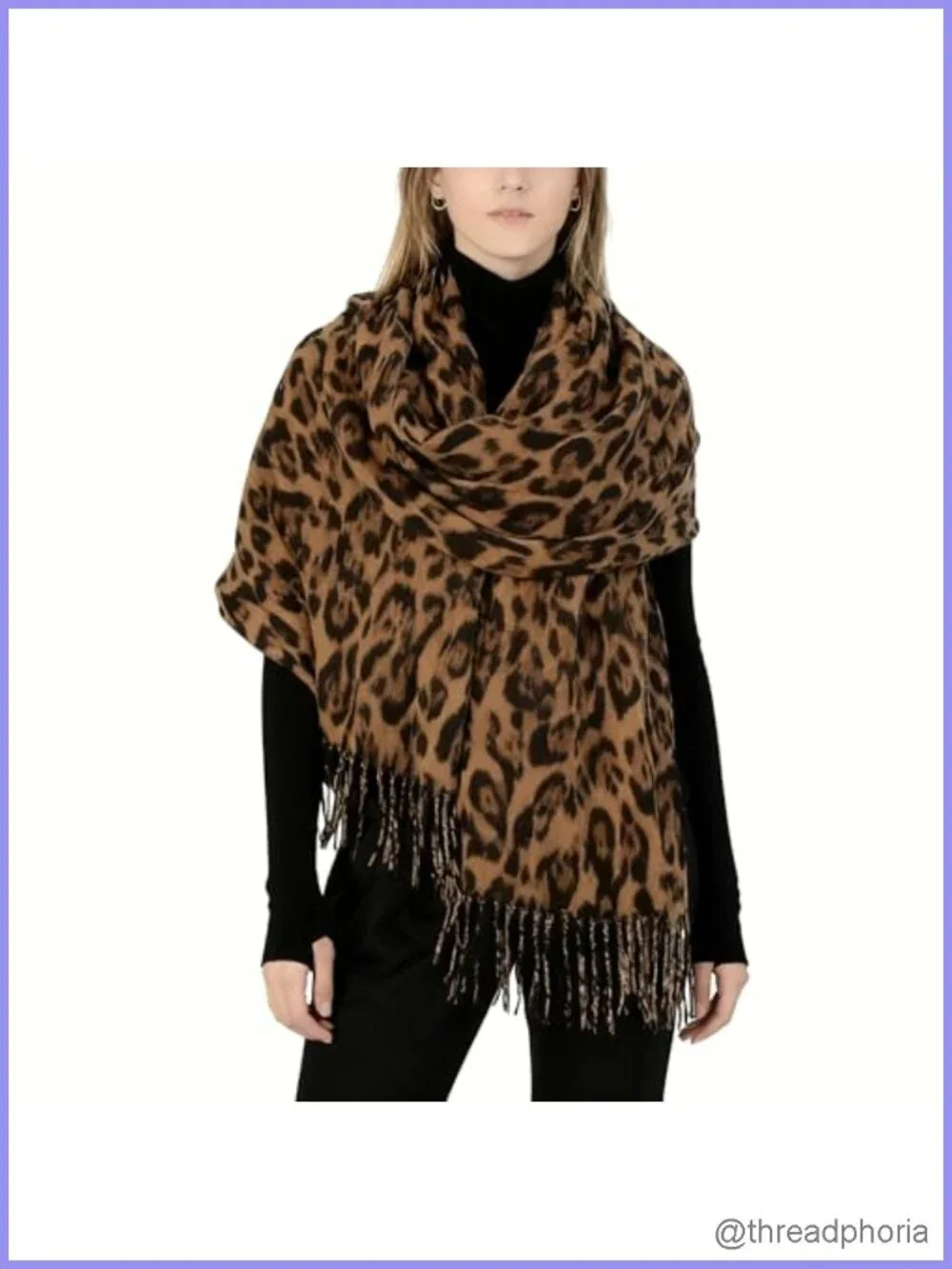 Leopard Winter Scarf Long Double-sided Oversize with Tassels Cozy Warm Shawl